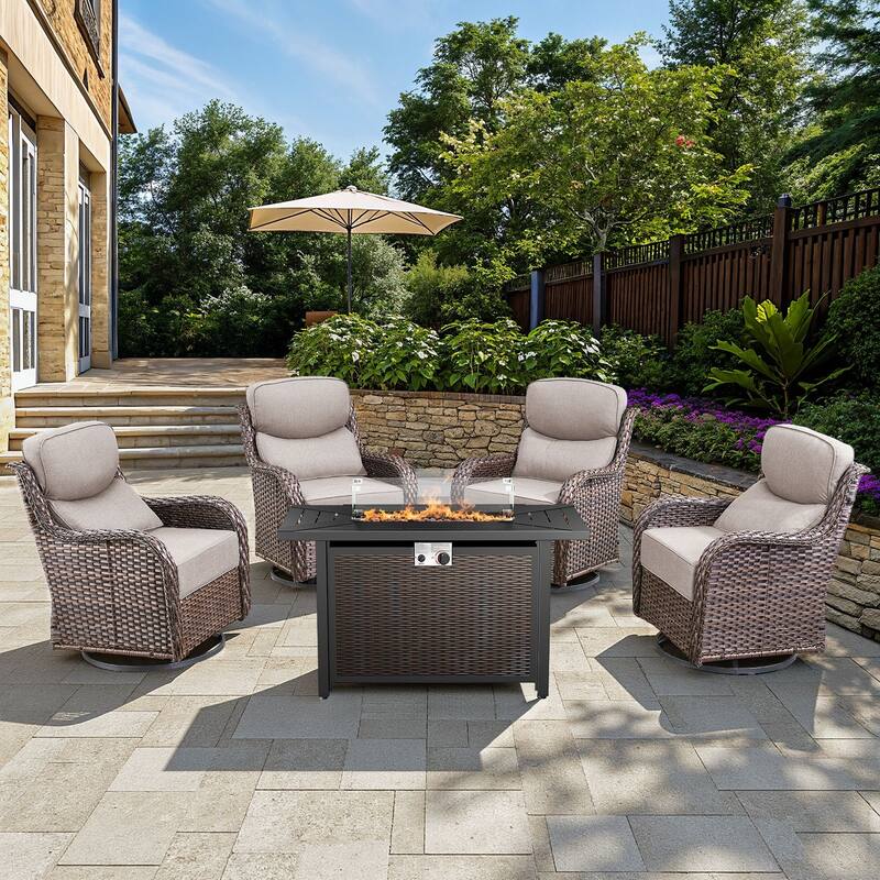 Arcadia 5-Piece Wicker Patio Set with 4 Swivel Glider Chairs and All-Iron Fire Pit - Beige Cushions - Brown Wicker