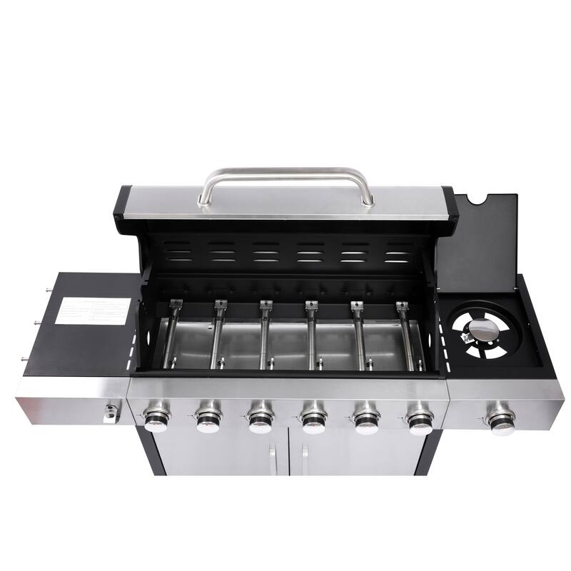 6-Burner Propane Gas Grill with Side Burner & Caster, Outdoor BBQ Grill Stainless with Steel Control Panel for Picnic