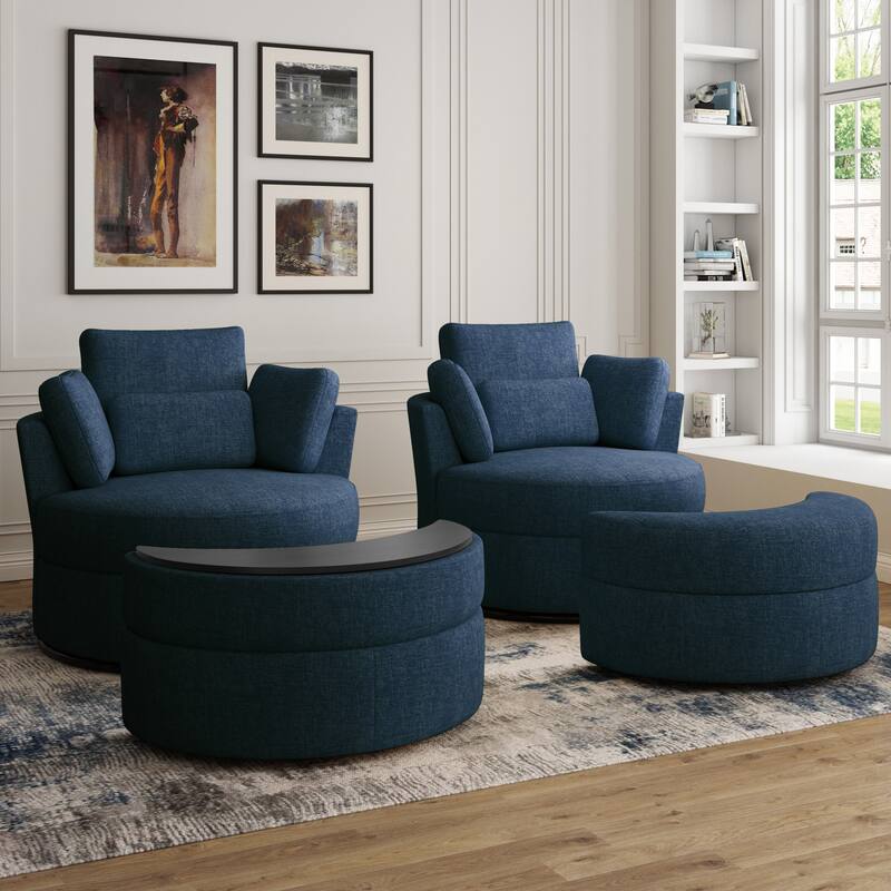 Upholstered Swivel Barrel Armchair with Storage Ottoman (Set of 2)