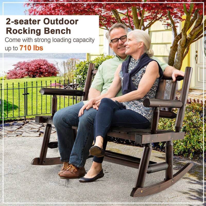 Outdoor Wood Rocking Bench Carbonized Double Rocking Chair for 2 Persons with Wide Curved Seat, Porch Rocker