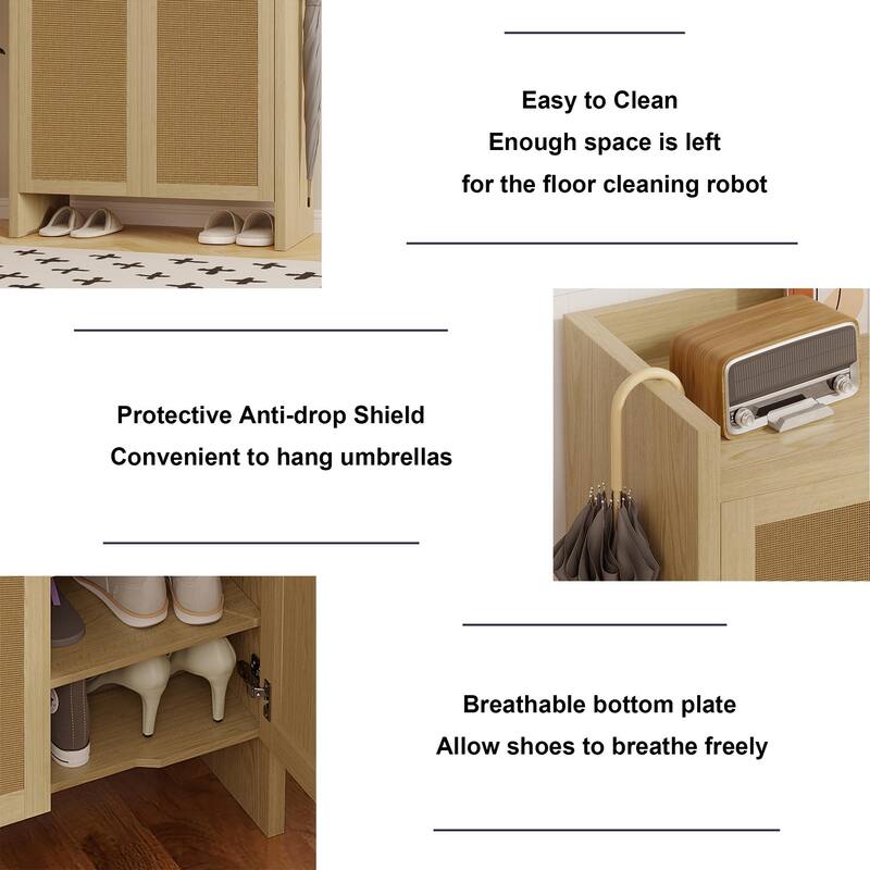 Anmytek Walnut Rattan Shoe Cabinet with Doors and 6 Tier Adjustable Shelves Wooden Entryway Shoe Organizer