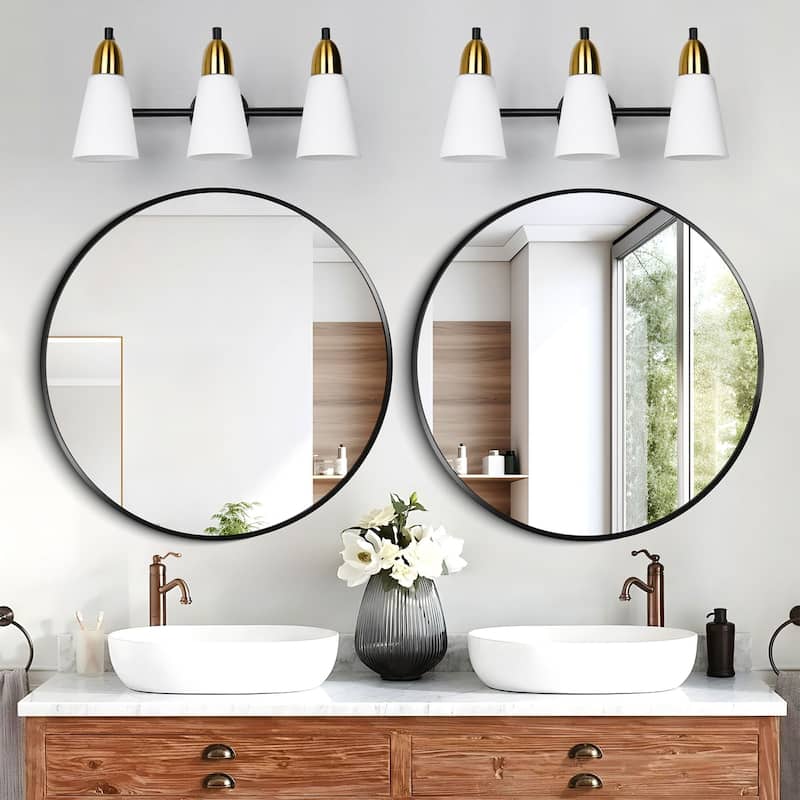 Modern Black Bathroom Vanity Light with Frosted Glass Shades & Gold Accent, Minimalist Wall Sconces
