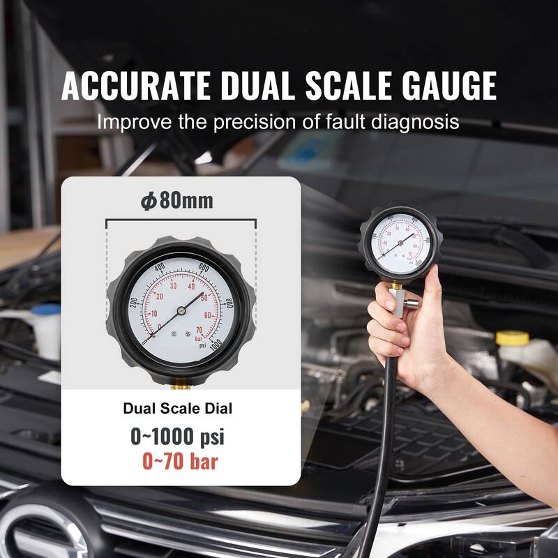 Diesel Engine Compression Tester, 18 pcs Cylinder Pressure Test Tool Kit, with 0-1000 psi Gauge and Adapters - 0-1000 psi