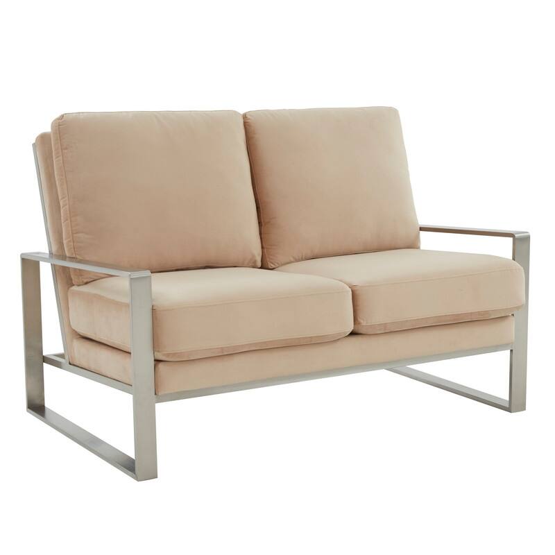 Jefferson Modern Velvet Two-Seater Sofa Accent Loveseat with Brushed Silver Stainless Steel Base for Living Room Office Lounge - Beige
