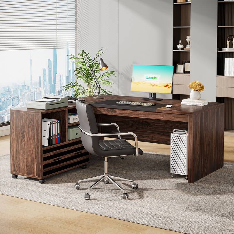 62.2" Executive Desk with Mobile File Cabinet, L-Shaped Office Desk for Home Office