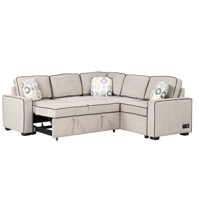 L-Shaped Pull Out Sofa Bed Modern Convertible Sleeper Sofa with 2 USB ports, 2 Power Sockets and 3 Pillows