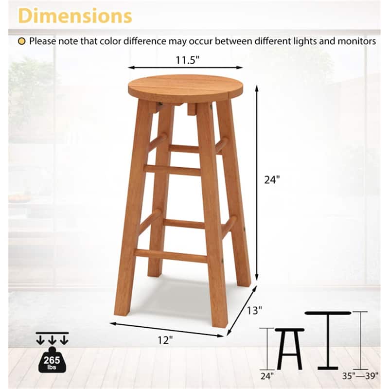 24-Inch Natural Wooden Counter Height Bar Stools with Footrest and Round Seat for Kitchen or Patio - 12" x 13" x 24"