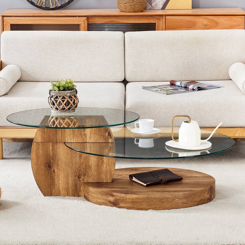 Roomfitters Double Layer Coffee Table with White Marble and Wood Grain Finish, Artistic Modern Design - Natural