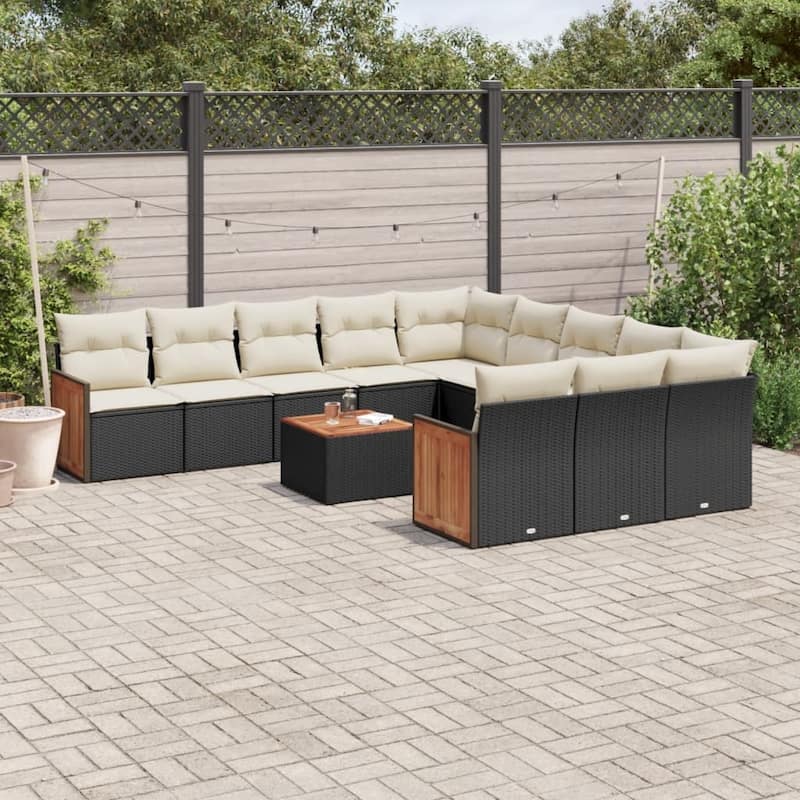 vidaXL Patio Sofa Set with Cushions Outdoor Conversation Furniture Poly Rattan - Black and Cream-With table - 21.7 x 21.7 x 14.6