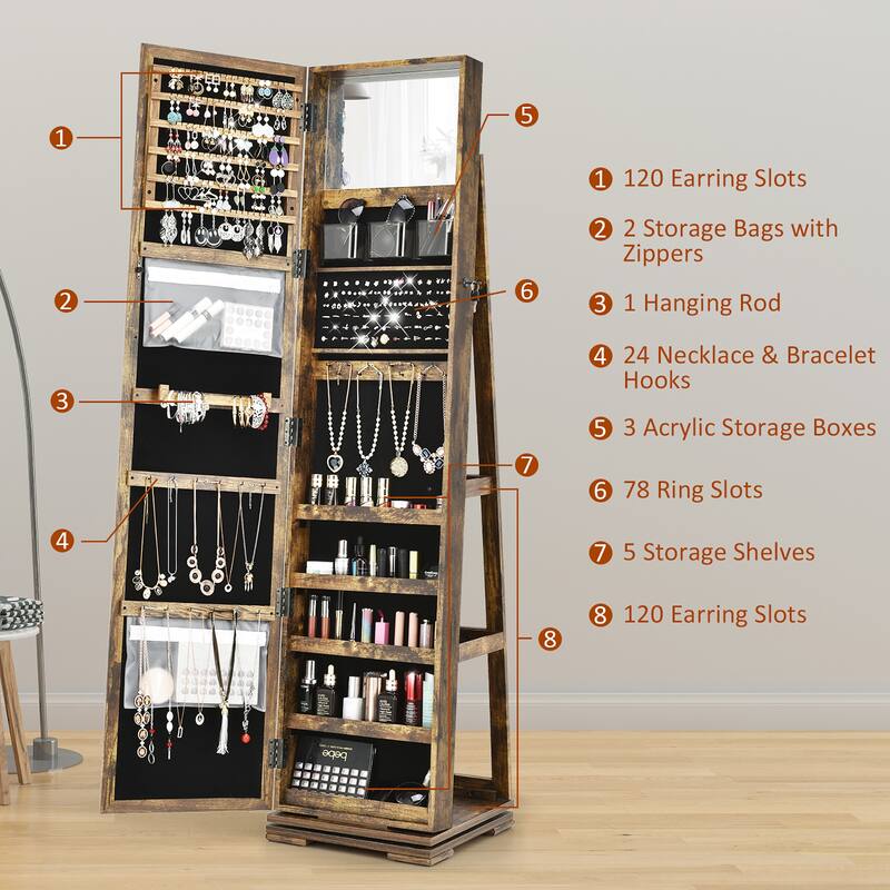 Costway 360degree Rotatable Jewelry Cabinet 2-in-1 Lockable Mirrored - See Details
