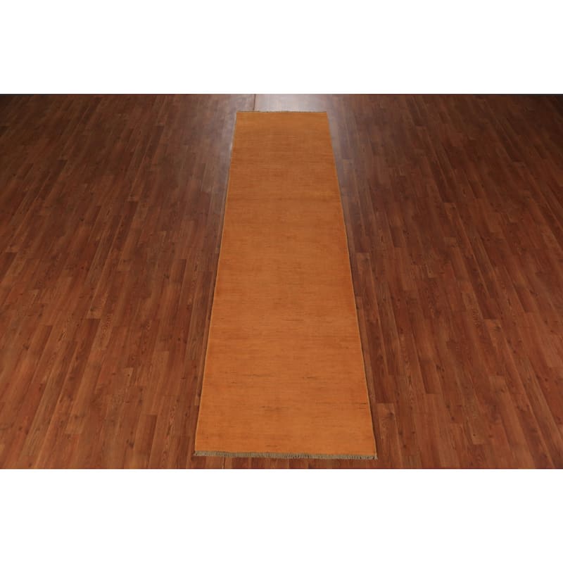 Orange Modern Gabbeh Runner Rug Handmade Solid Wool Carpet - 2'8" x 9'7"