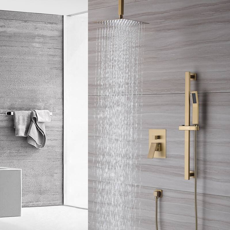 2 Function 10-inch Ceiling Mount Dual Shower Heads Shower System With Sliding Rod Shower Hand - Brushed Gold