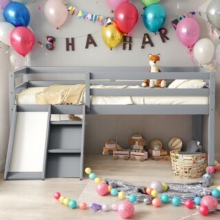 Modern Twin Size Low Loft Bed with Slide and Ladder and Safety ...