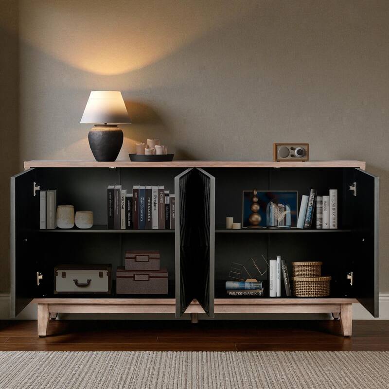 60" Mid Century Modern Sideboard Buffet Cabinet with Diamond Pattern Doors, Solid Wood Legs, Storage Credenza for Living Room