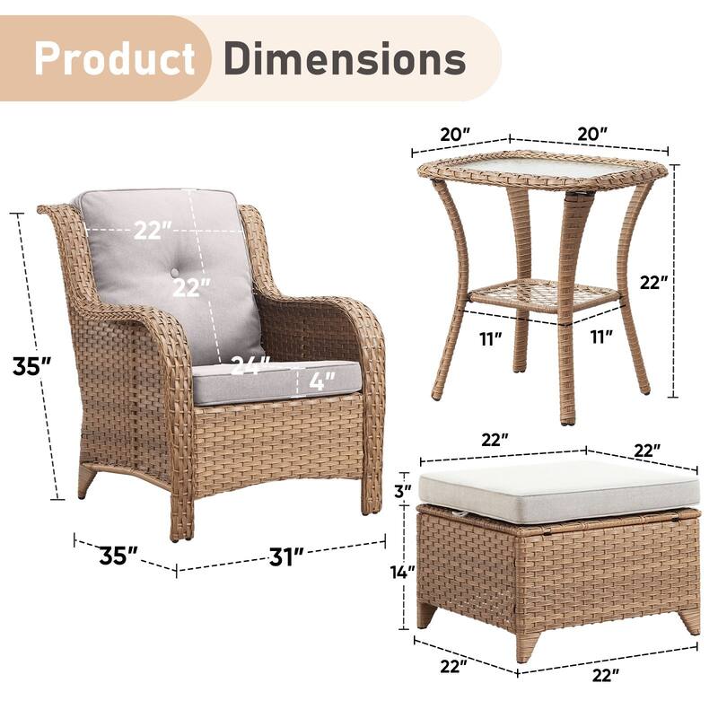 Outdoor Rattan Chair with Coffee Table and Ottoman