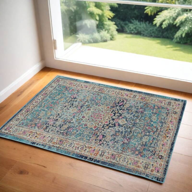 Fejac Power Loomed Distressed Floral Traditional Stain Resistant Area Rug By HomeRoots - 48' X '24' X '0.5 - Cream/Onyx - Rectangle