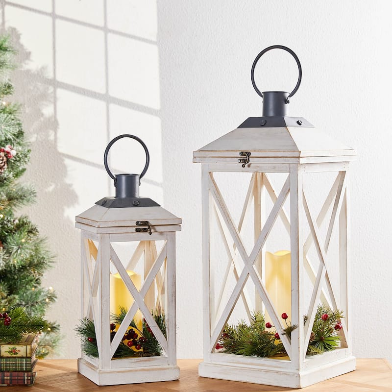 Glitzhome Set of 2 Farmhouse Wooden Lantern Hanging Candle Holders Fall Wedding Decor - 24"+17"
