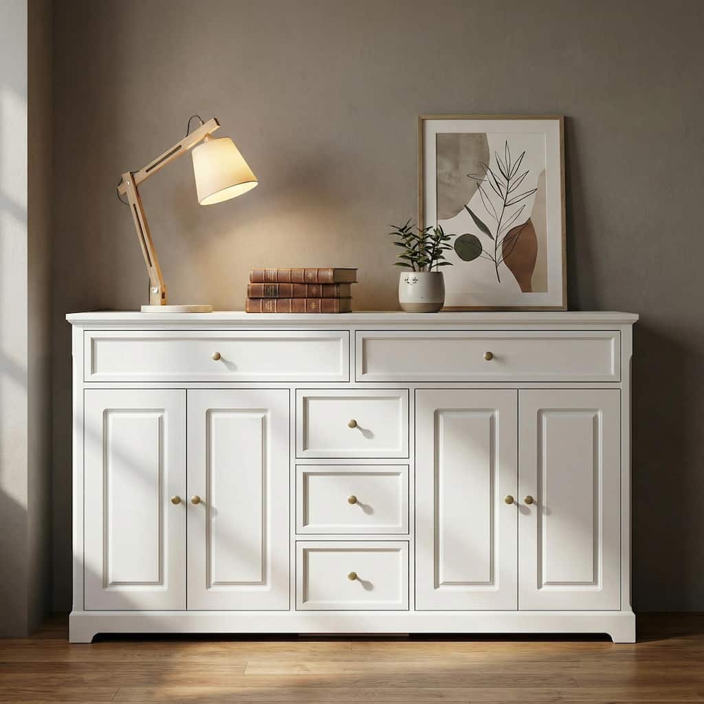 59.1''Sideboard Buffet White Mid-Century Modern Contemporary Lacquered Credenza with Drawers and Doors