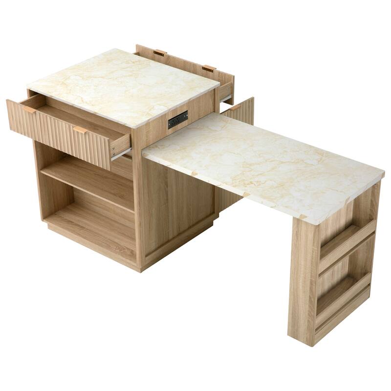 82.6" Fluted Kitchen Island with Extendable Table, Power Outlet & Storage for 4-6