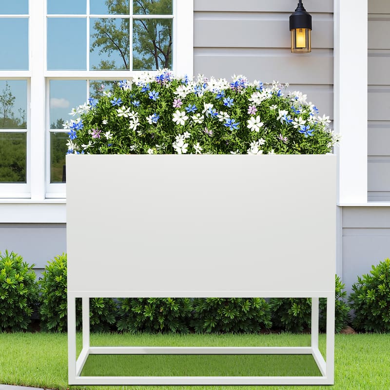Metal Movable Planter Box with Trellis Privacy Screen Planter Box with Lockable Wheels - White