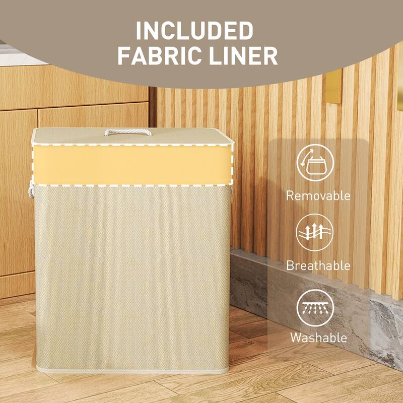 HOMCOM Double Laundry Basket with Lid, 26.4 Gallon Bamboo Laundry Hamper with Rope Handles, Clothes Hamper with Removable Liner