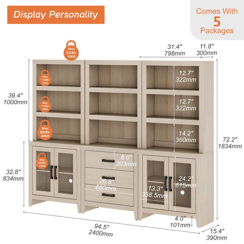 WAMPAT 74" Tall Bookshelf with Glass Doors and Drawers, Farmhouse Bookcase with Adjustable Shelves