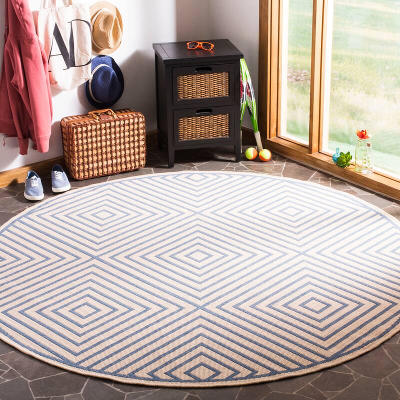 SAFAVIEH Linden Loris Indoor/ Outdoor Waterproof Patio Backyard Rug - 6'7" Round - Cream/Blue