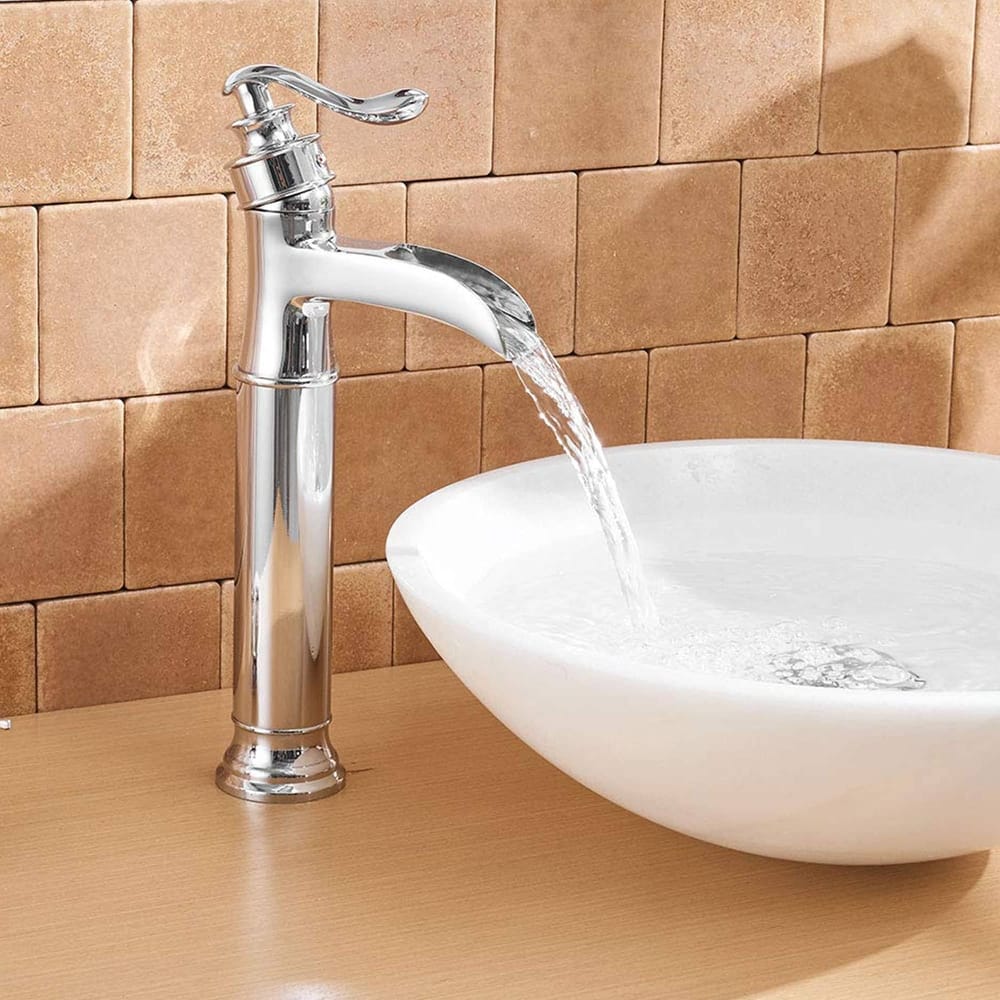 Waterfall Bathroom Vessel Faucet With Drain Assembly Single Handle Bathroon Vessel Sink Faucets One Hole Basin Vanity High Taps