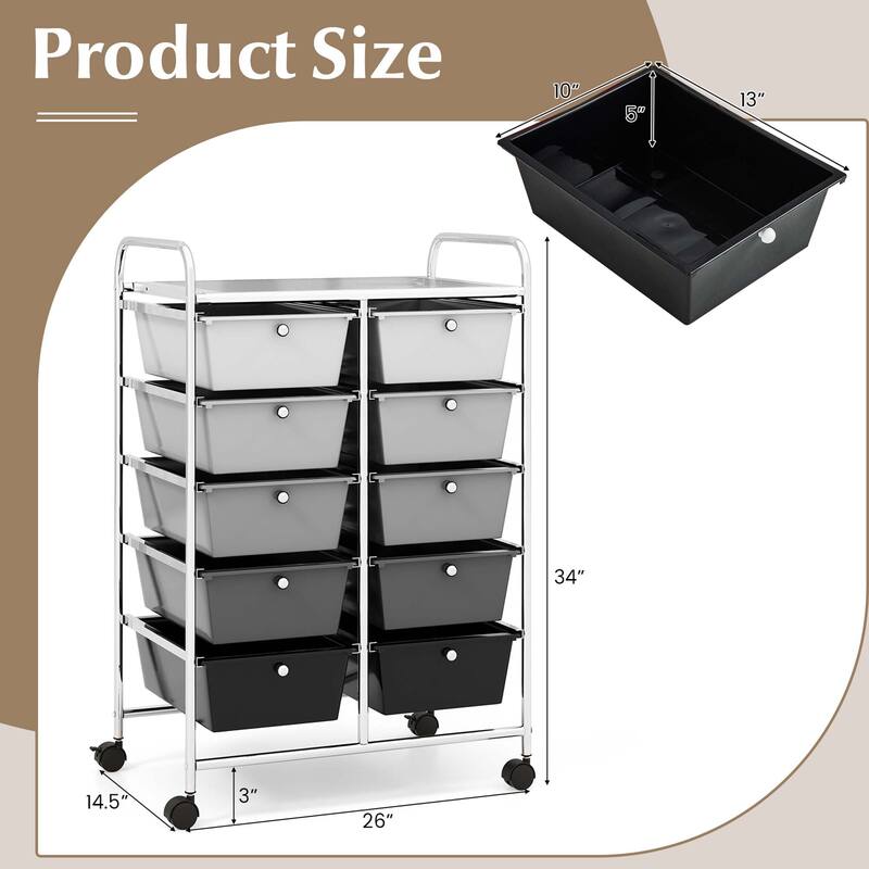 Costway 10-Drawer Storage Cart Utility Rolling Trolley Kitchen Office