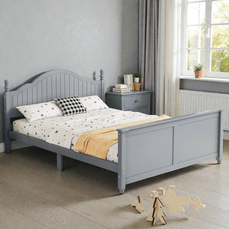 Kids Wooden Platform Bed with Safety Guardrails, Low Profile Bed with Headboard and Footboard