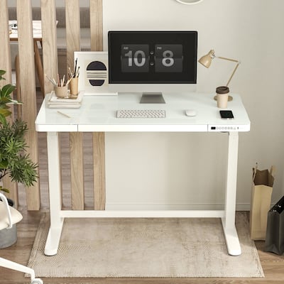FlexiSpot 48”x24” Glass Desktop Electric Home Office Height Adjustable Standing Desk Computer Desk With Drawer USB Charged
