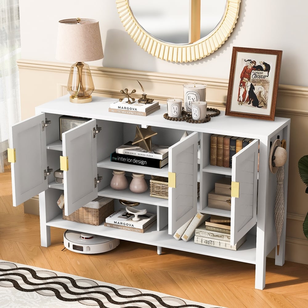 4 Doors Storage Sideboard with Open Shelf and 2-Tiers Adjustable Shelves, Multi Functional Buffet with 2 Side Hooks