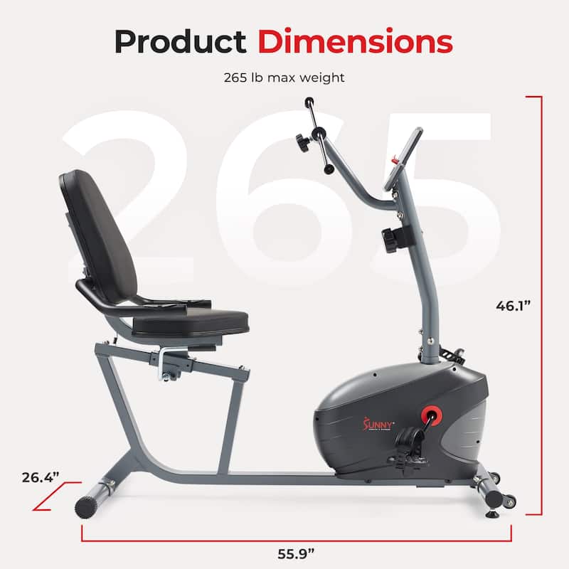 Sunny Health & Fitness Smart Magnetic Recumbent Bike w/ Hand Cycle - SF-RB423034 - Grey - 55.9L x 26.4W x 46.1H