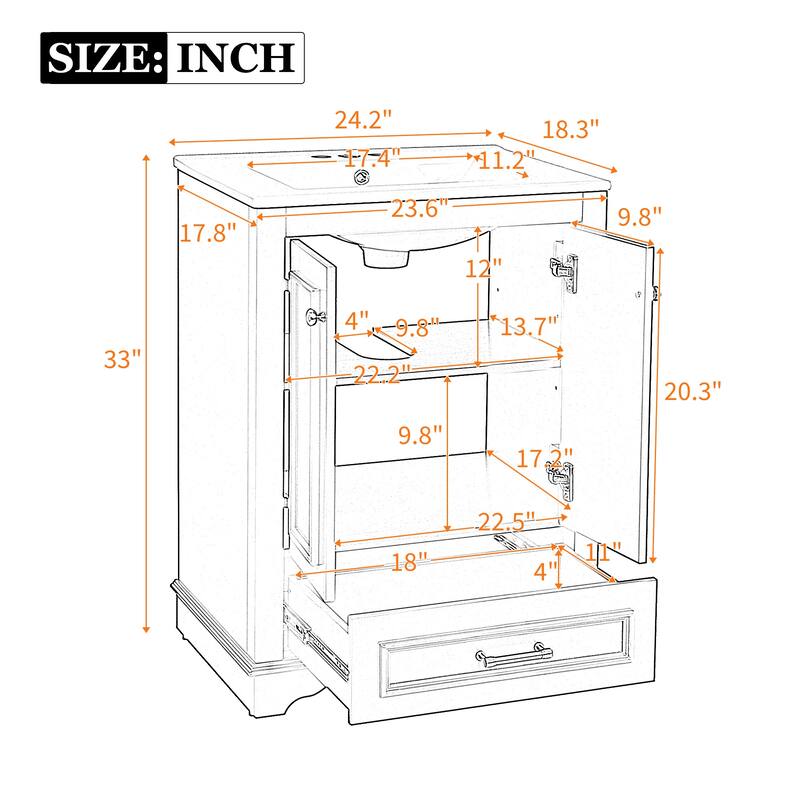 Roomfitters 24" Vanity with Ceramic Sink, Freestanding Cabinet with Silver Handles and Soft Closing Doors
