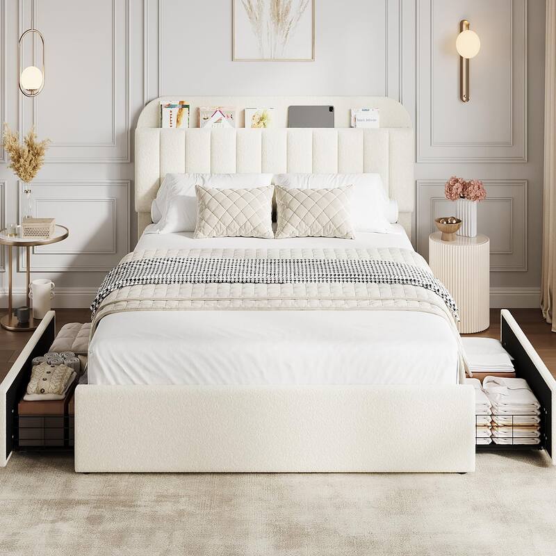 Twin/Full Bed Frame with 2 Flexible Drawers and Bookcase Headboard, Boucle Upholstered Platform Bed for Boys/Girls