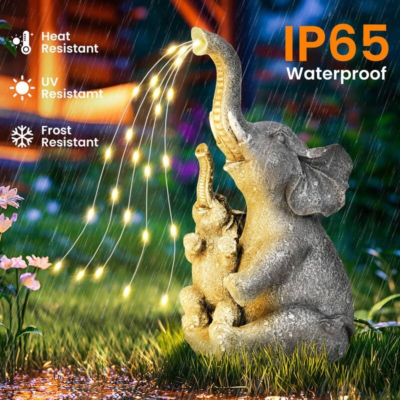 Solar-Powered Mother & Child Elephant Statue, Outdoor Garden Decor with Warm Lights - 5 in. x 5 in. x 10 in.