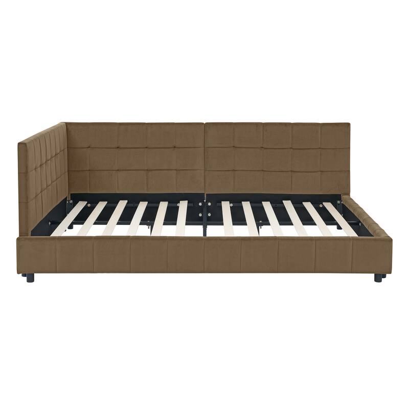 Full Size Daybed Grounded Bed Velvet Upholstered Tufted Bed Frame with L-shaped Backrest & Armrests for Livingroom or Bedroom