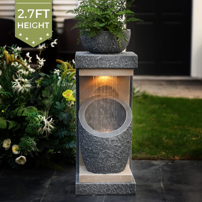 Gray Resin Column and Bowl Sculpture Outdoor Fountain with Lights
