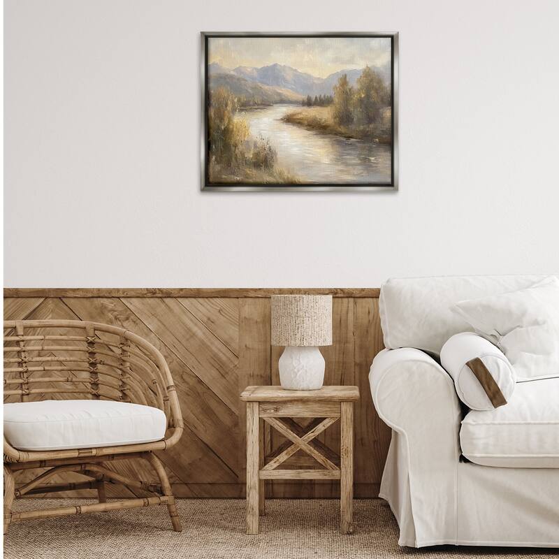 Stupell Flowing River & Distant Mountains Framed Floater Canvas Wall Art Design By Petal Prints Design