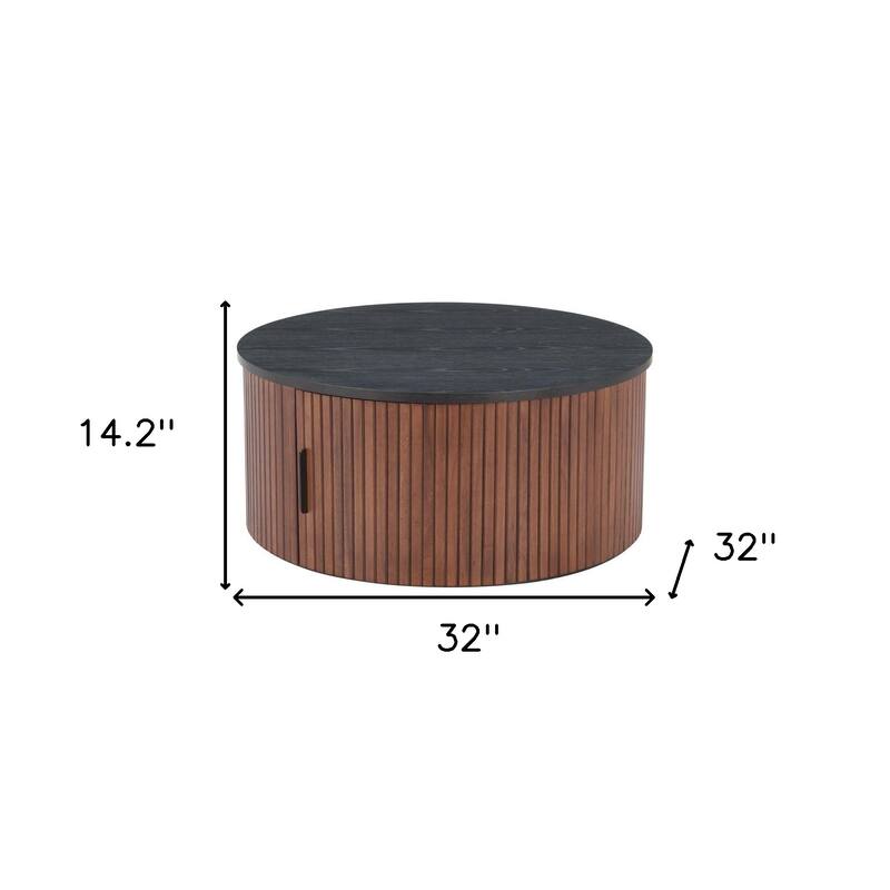 HomeRoots 32" Black and Walnut Wood Round Drum Coffee Table - 32.00 in. x 14.20 in. x 32.00 in.