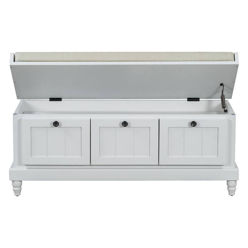 Classic Shoe Bench With Cushion And Three Drawers,Fluted Entryway Bench With Storage For Living Room, Entryway,And Hallways