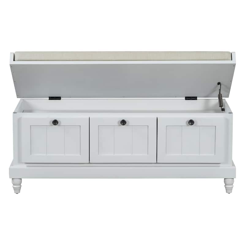 Roomfitters Classic Entryway Bench with Cushion, 3 Hidden Storage Spaces, Grooved Doors and Round Handles