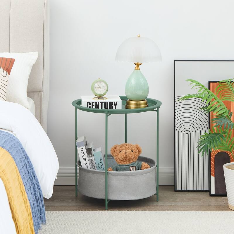 VECELO Small Round Side Table with Removable Tray & Fabric Storage Bin Easy 5-Min Assembly for Living Room Bedroom