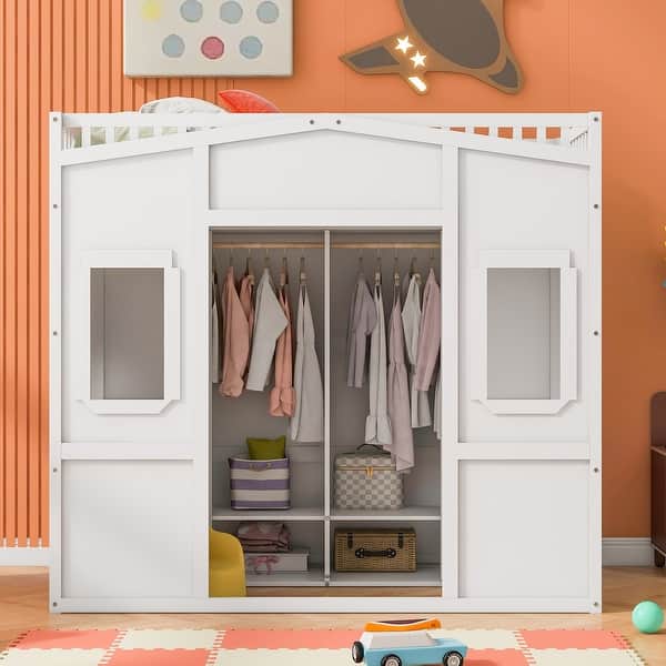 slide 2 of 14, Twin Size Loft Bed with Wardrobe, Ladder, and Guard Rails, White White
