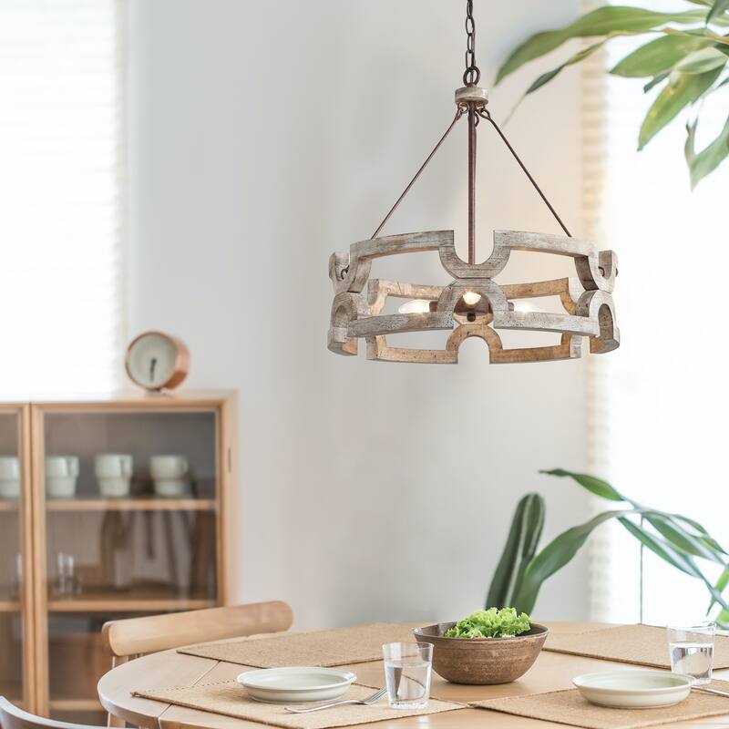 The Gray Barn Farmhouse 3-Light Wood Drum Chandelier for Kitchen Island - W19.5" x H21"