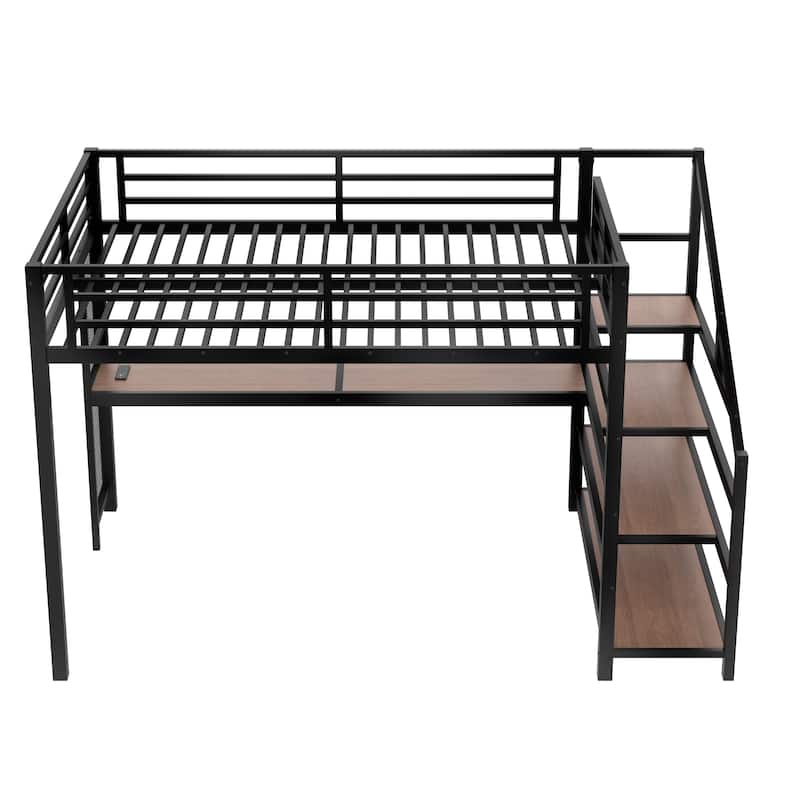 Queen Loft Bed with Desk and Storage Stairs, Metal Loft Beds with LED Lights, USB Ports, Multifunctional Iron Nets