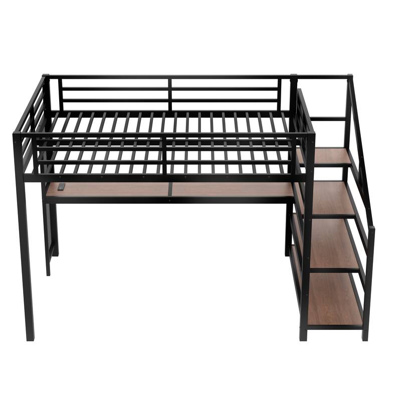 Queen Size Loft Bed Frame with Built-in Desk, Storage Stairs, LED Lights, Charging Station and Multifunctional Iron Nets