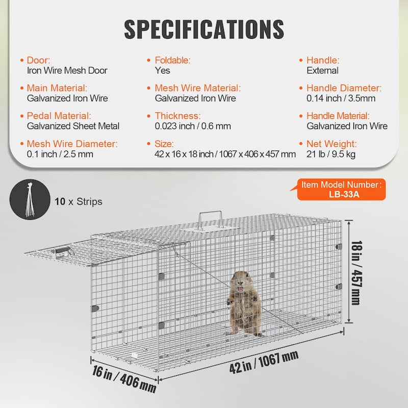 Live Animal Cage Trap with Handle for Stray Dogs, Armadillos, Raccoons, Marmots, Foxes - 42" x 16" x 18"