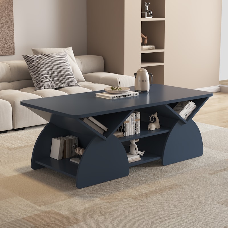 GDFStudio - Quill Wood Geometric Coffee Table with 6 Independant Storage Areas - Blue