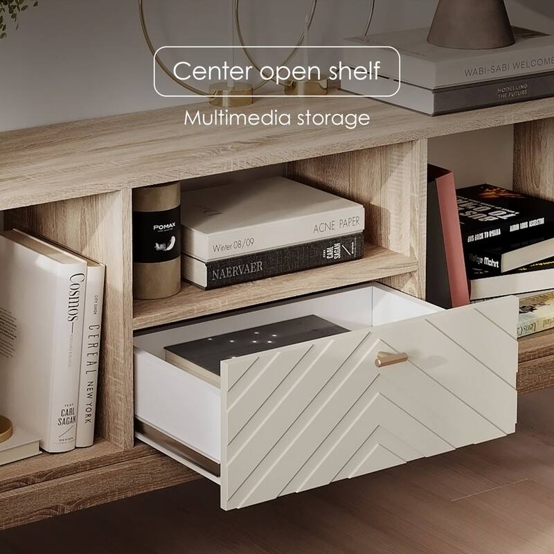 Living Skog Alba Beige TV Stand Console with Drawer Fits TV's up to 65 in. with Wood Legs Mid Century Modern Design